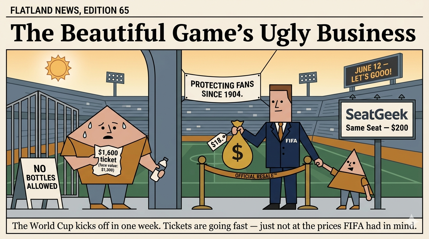 Flatland News Vol. I No. 65: The Beautiful Game's Ugly Business — FIFA official with money bag behind Official Resale rope, sweating fan with $1,600 ticket and no water bottle, child pointing at SeatGeek billboard reading Same Seat $200